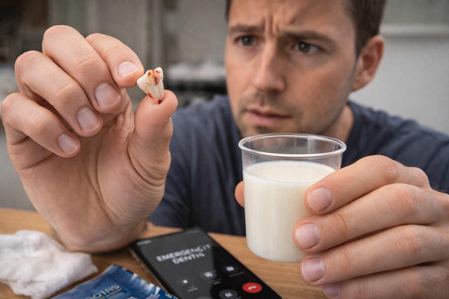 Person holding a knocked-out tooth and a cup of milk for emergency dentist in Orem Utah