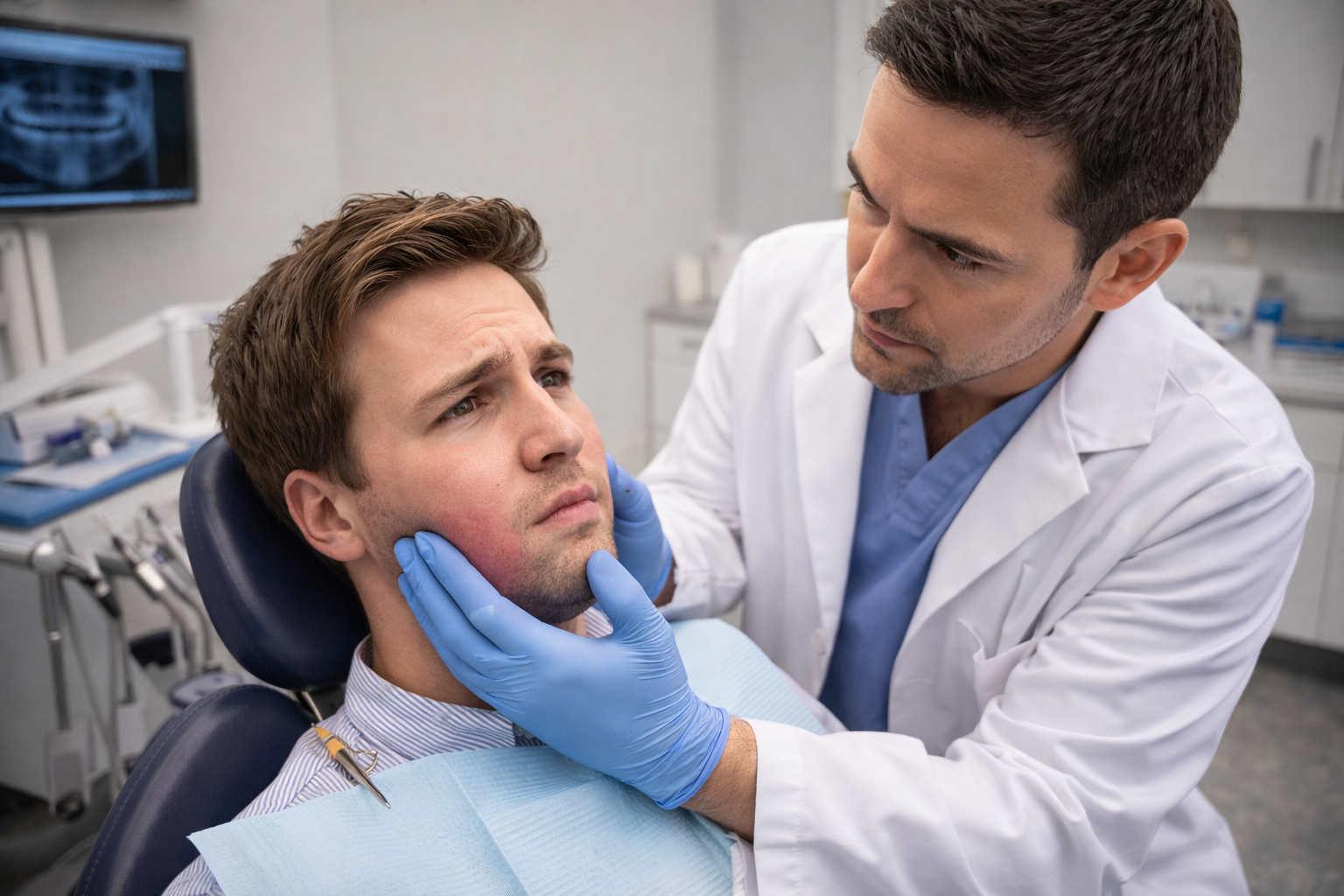 Emergency dentist examining facial swelling caused by tooth infection in Orem Utah