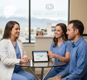 Dentist and hygienist discussing dental checkup schedule with a patient in Orem Utah