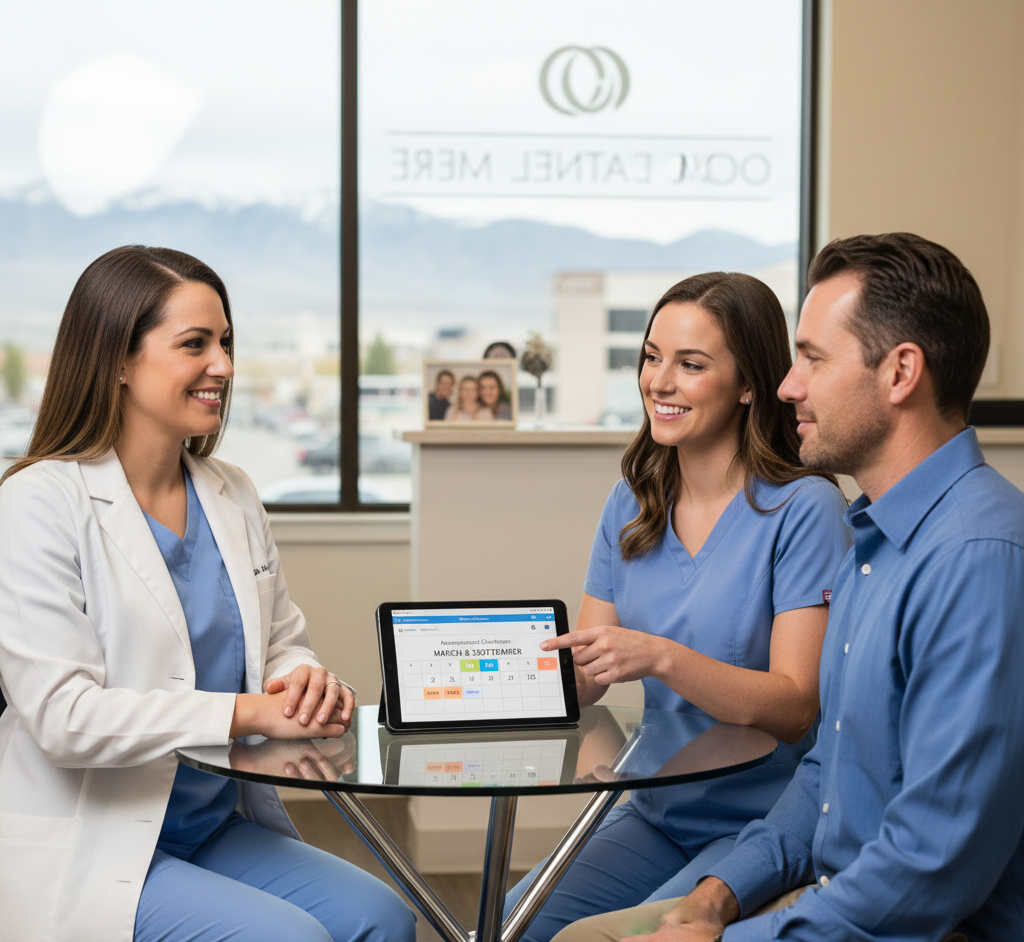 Dentist and hygienist discussing dental checkup schedule with a patient in Orem Utah