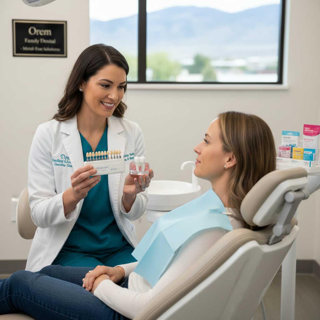 Dentist showing tooth-colored filling material options in Orem Utah
