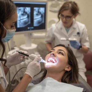 Dentist and hygienist performing a routine dental checkup and cleaning in Orem Utah