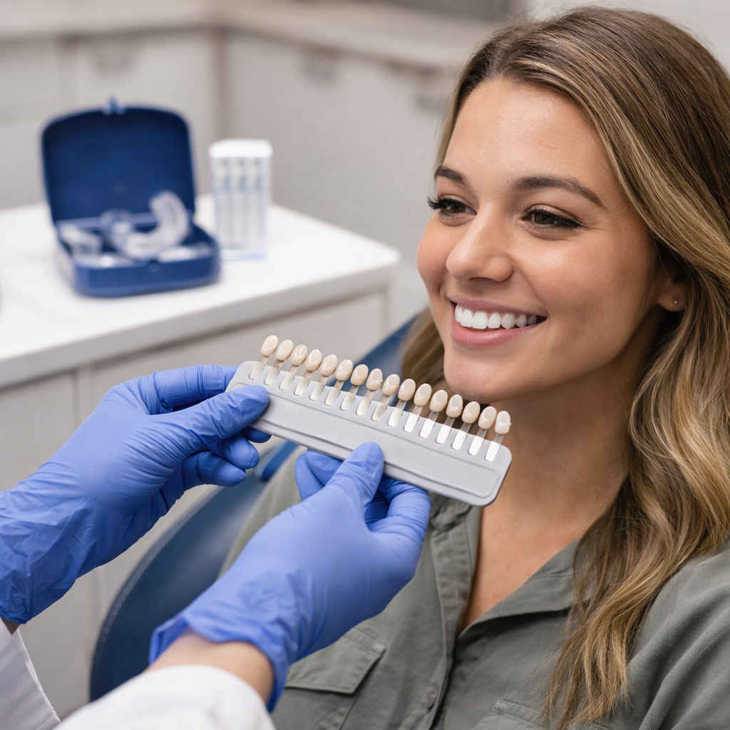 Dentist showing a shade guide during a teeth whitening consultation in Orem Utah