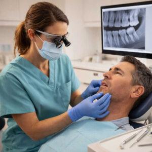 An emergency dentist in Orem Utah examining a patient with a dental abscess and facial swelling during a same-day emergency appointment