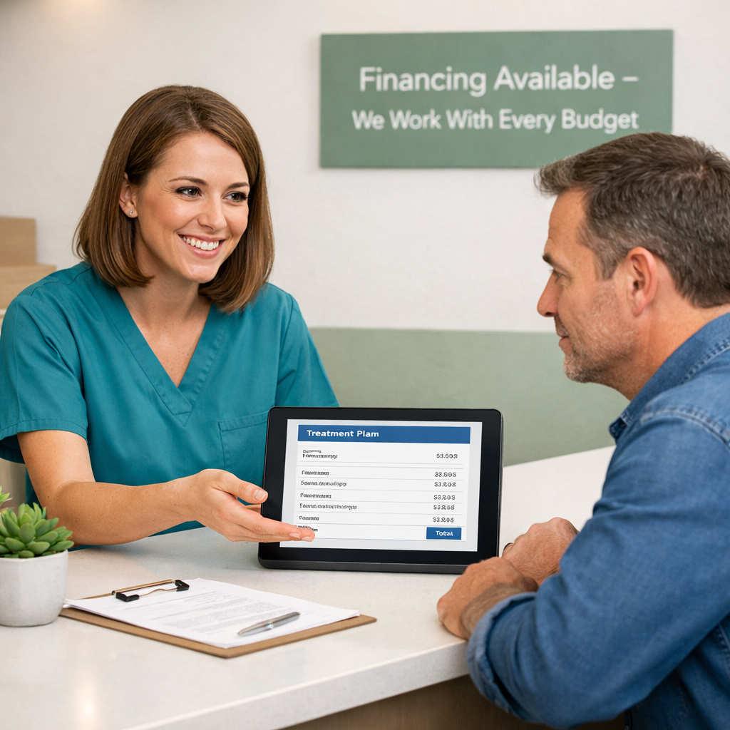 A dental coordinator in Orem Utah reviewing affordable payment options and emergency dental costs with an uninsured patient at a modern front desk