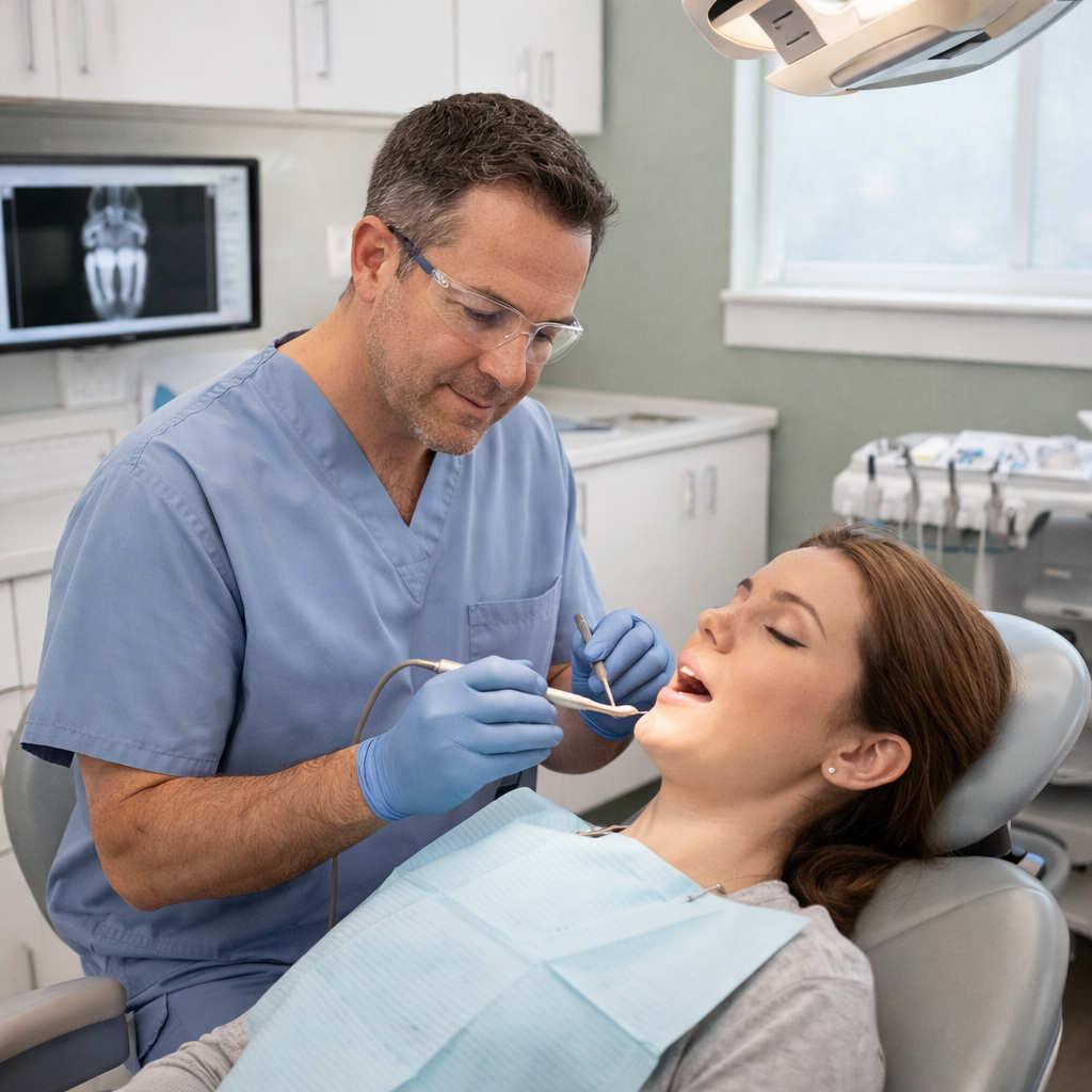 A compassionate emergency dentist in Orem Utah treating a patient for severe tooth pain during a same-day appointment