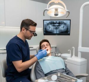 An emergency dentist in Orem Utah carefully reimplanting a knocked-out tooth for a patient during a same-day emergency appointment