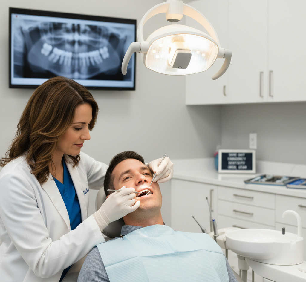 An emergency dentist in Orem Utah examining a patient's broken tooth for same-day treatment options