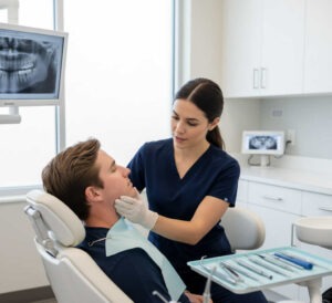 A patient with visible jaw swelling from a tooth infection being examined by an emergency dentist in Orem Utah