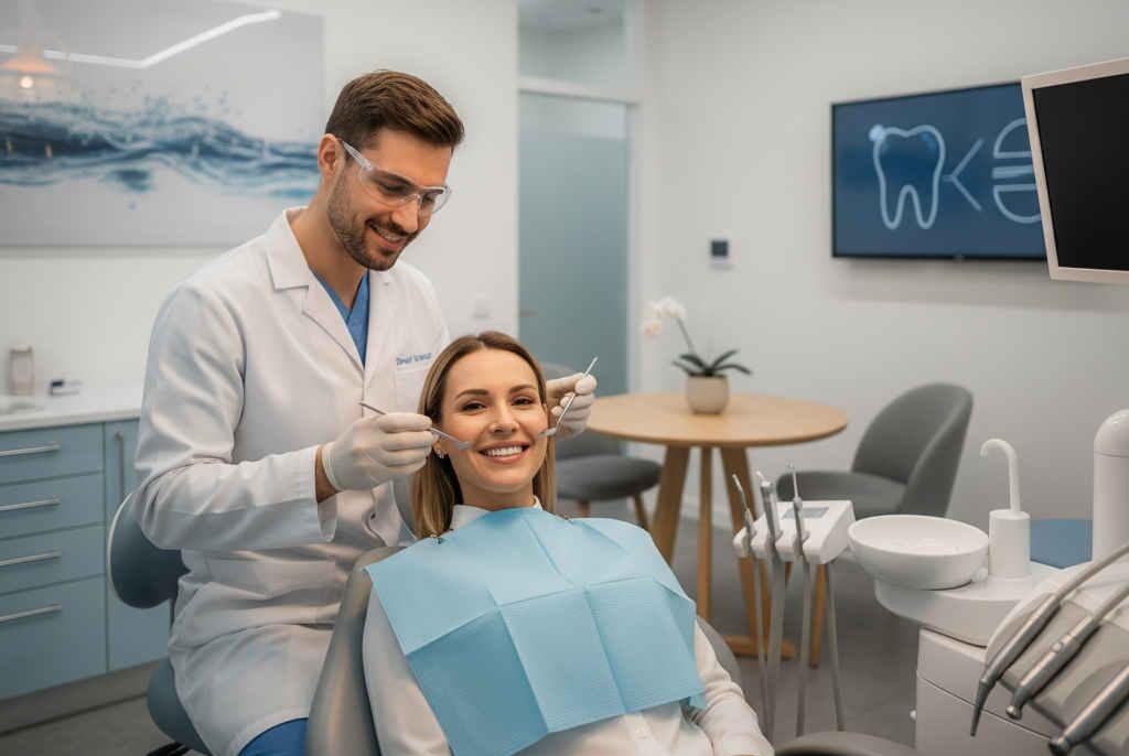 Patient receiving professional teeth whitening consultation in a modern dental clinic in Orem Utah, showing clean and natural bright smile.