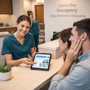 A warm and professional emergency dental team in Orem Utah welcoming a new patient for a same-day emergency dental appointment at the front desk