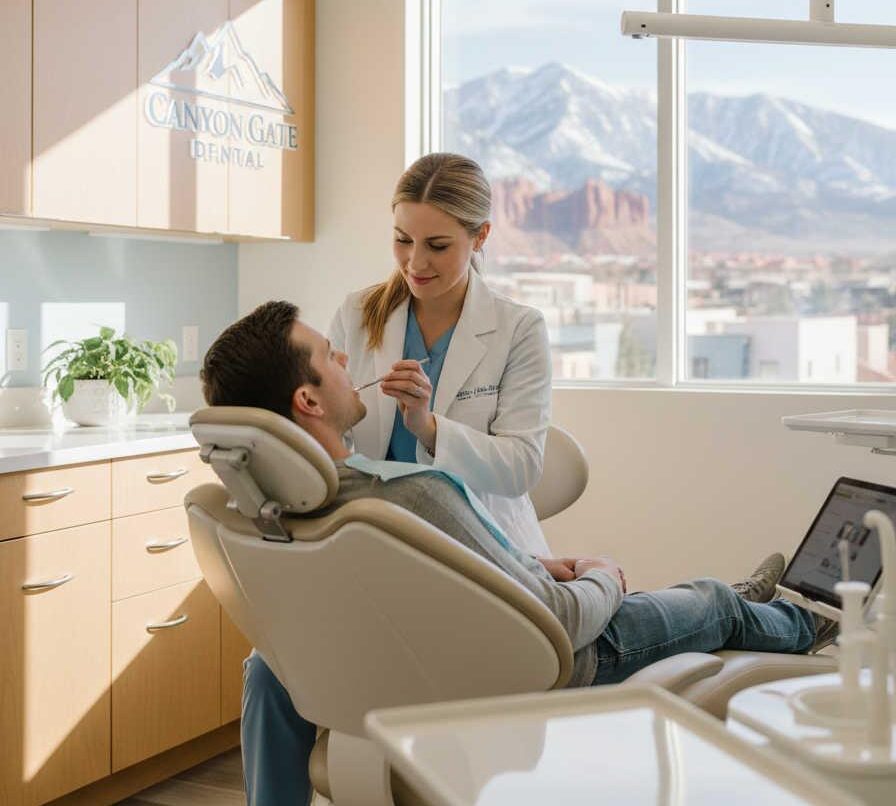 Friendly dentist performing cavity treatment on a patient at Canyon Gate Dental in Orem, Utah