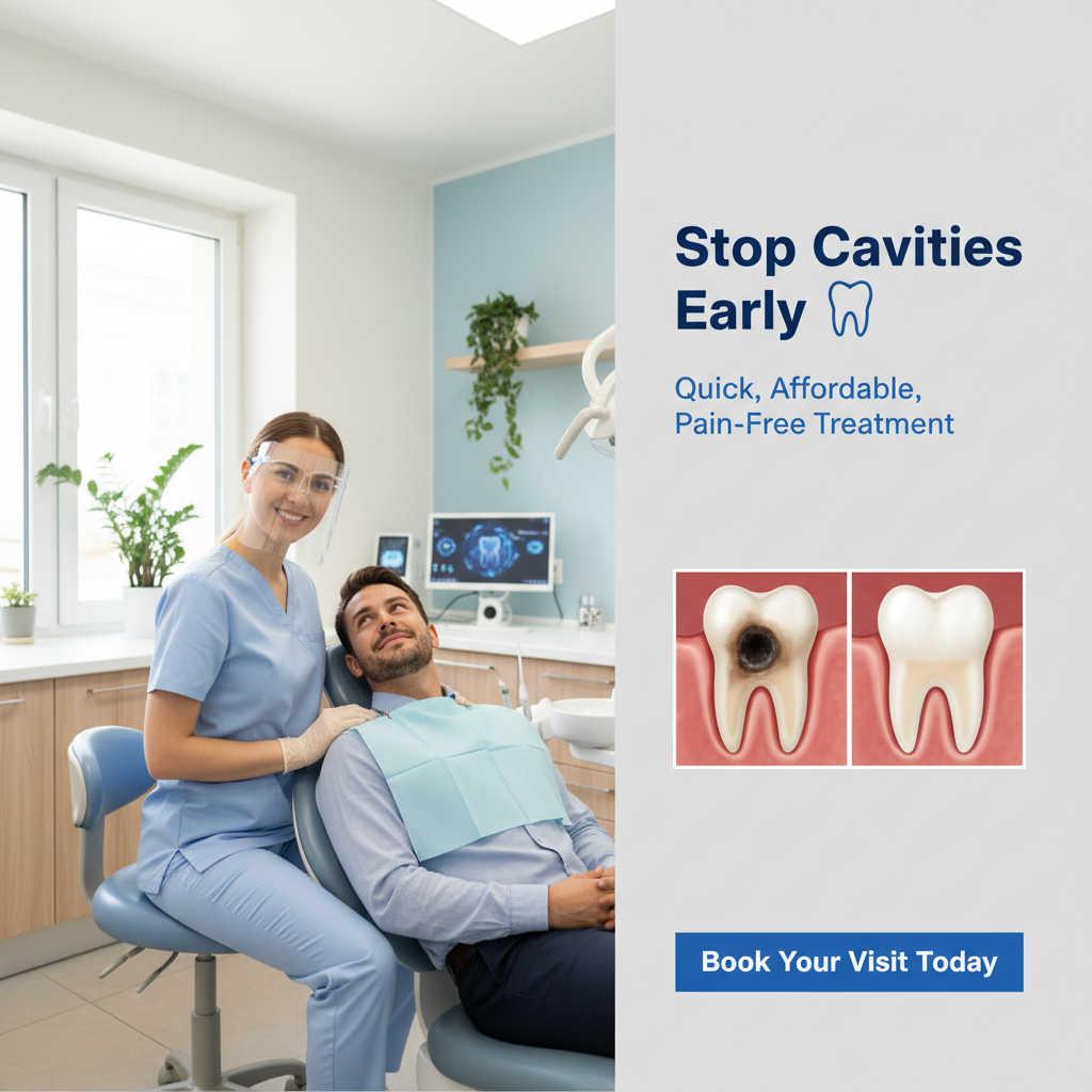 Friendly dentist treating a smiling patient for a cavity at Canyon Gate Dental in Orem, Utah – early treatment, pain-free, and professional care.