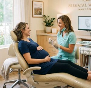 Pregnant woman receiving safe dental care from a caring dentist in Orem, Utah