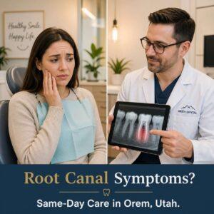 Patient holding jaw in pain learning about root canal symptoms with Canyon Gate Dental dentist in Orem Utah