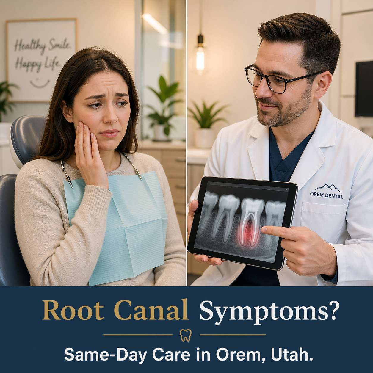Patient holding jaw in pain learning about root canal symptoms with Canyon Gate Dental dentist in Orem Utah