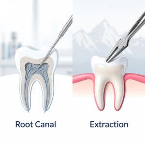 Emergency dentist in Orem Utah reviewing X-ray to decide between root canal and tooth extraction for a patient