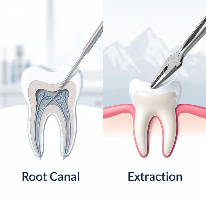 Emergency dentist in Orem Utah reviewing X-ray to decide between root canal and tooth extraction for a patient