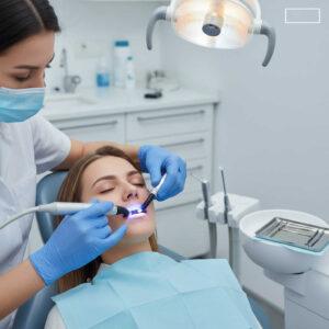 Dental patient receiving a same-day cavity filling at Canyon Gate Dental in Orem, Utah, with a dentist using a curing light