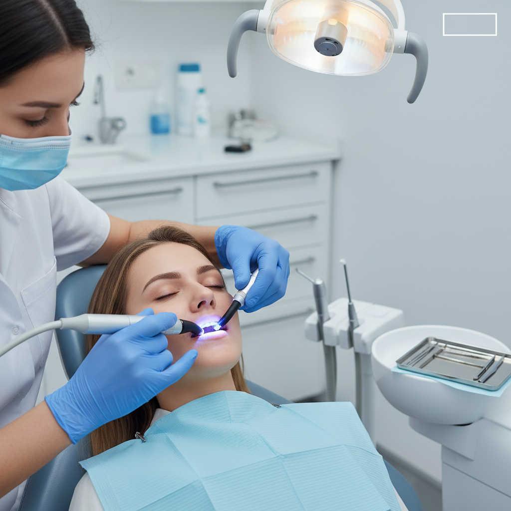 Dental patient receiving a same-day cavity filling at Canyon Gate Dental in Orem, Utah, with a dentist using a curing light