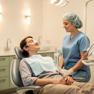 A calm dental patient receiving sedation care at an emergency dentist office in Orem, Utah, with a relaxed expression and gentle lighting.