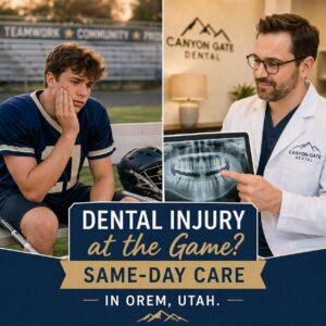 Youth athlete holding mouth after sports dental injury at Utah Valley sporting event with emergency dental care guidance from Canyon Gate Dental Orem Utah