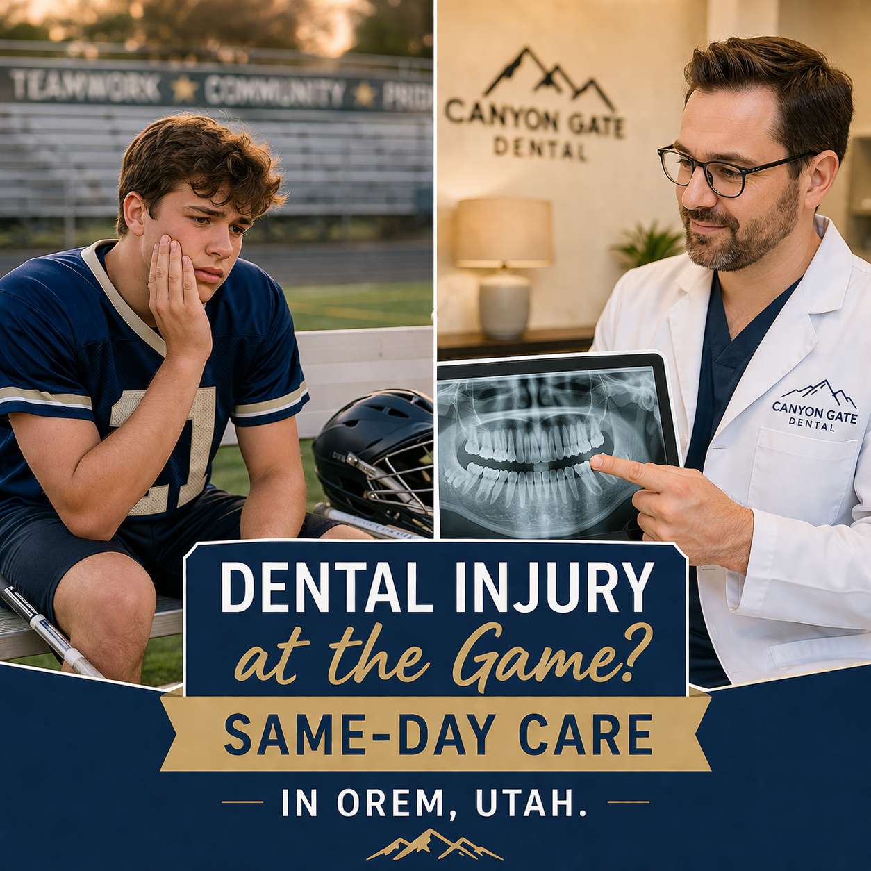 Youth athlete holding mouth after sports dental injury at Utah Valley sporting event with emergency dental care guidance from Canyon Gate Dental Orem Utah