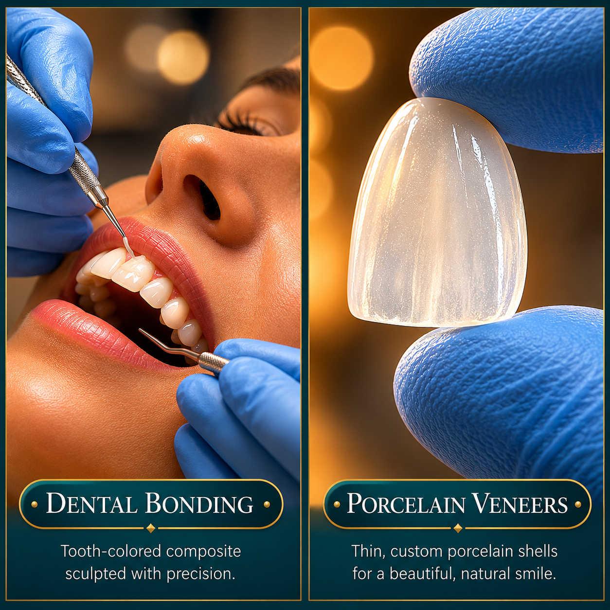 Side-by-side comparison of dental bonding composite resin and porcelain veneer at Canyon Gate Dental in Orem Utah showing cosmetic smile treatment options