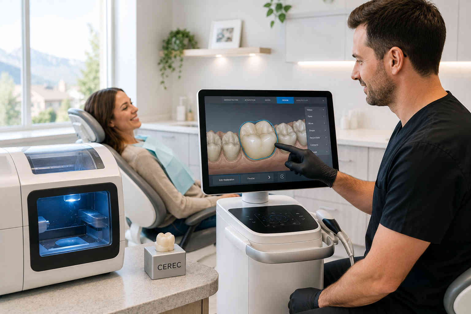 A Canyon Gate Dental dentist in Orem Utah using CEREC technology to design and place a same-day dental crown for a patient in a single visit