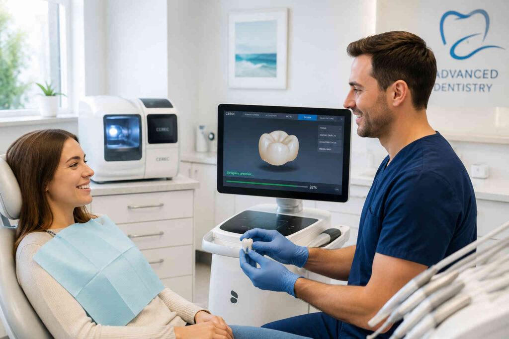 Same-day dental crown procedure at Canyon Gate Dental in Orem, Utah using modern digital technology in a clean dental clinic