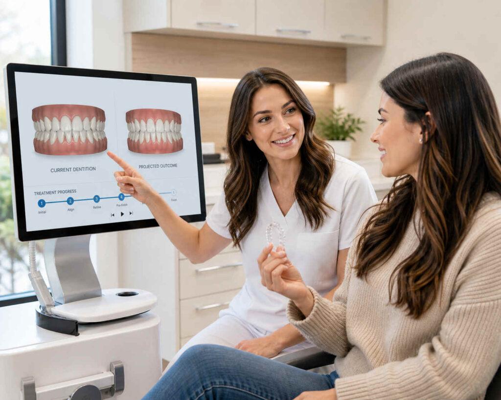 A Canyon Gate Dental dentist in Orem Utah reviewing a SureSmile clear aligner treatment plan with a smiling patient using 3D digital imaging