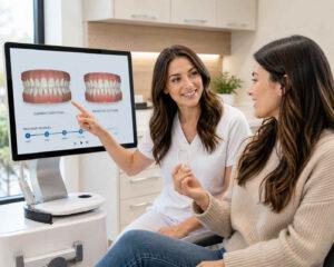 A Canyon Gate Dental dentist in Orem Utah reviewing a SureSmile clear aligner treatment plan with a smiling patient using 3D digital imaging