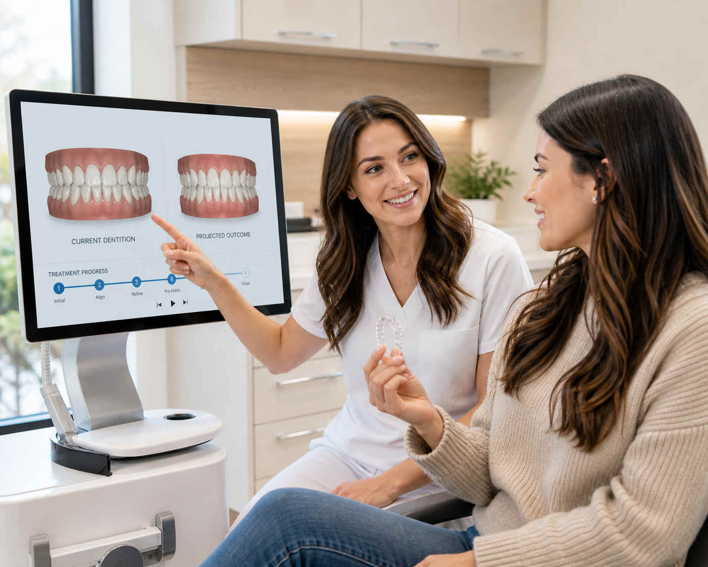 A Canyon Gate Dental dentist in Orem Utah reviewing a SureSmile clear aligner treatment plan with a smiling patient using 3D digital imaging