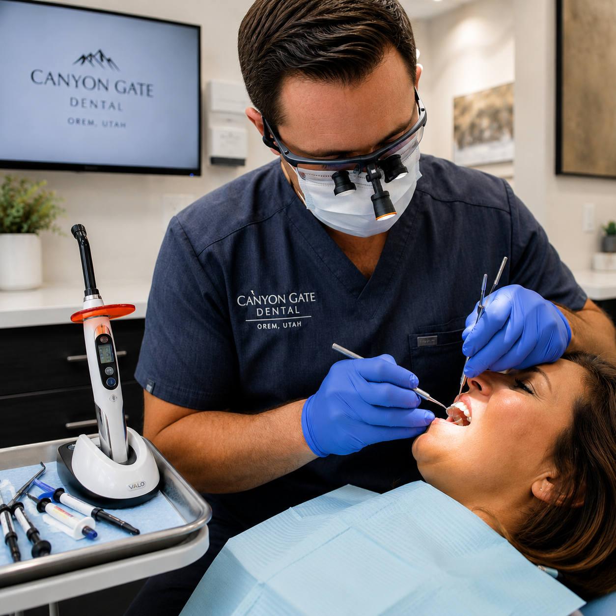 A Canyon Gate Dental dentist in Orem Utah placing a tooth-colored composite filling on a patient during a single-visit metal-free filling appointment