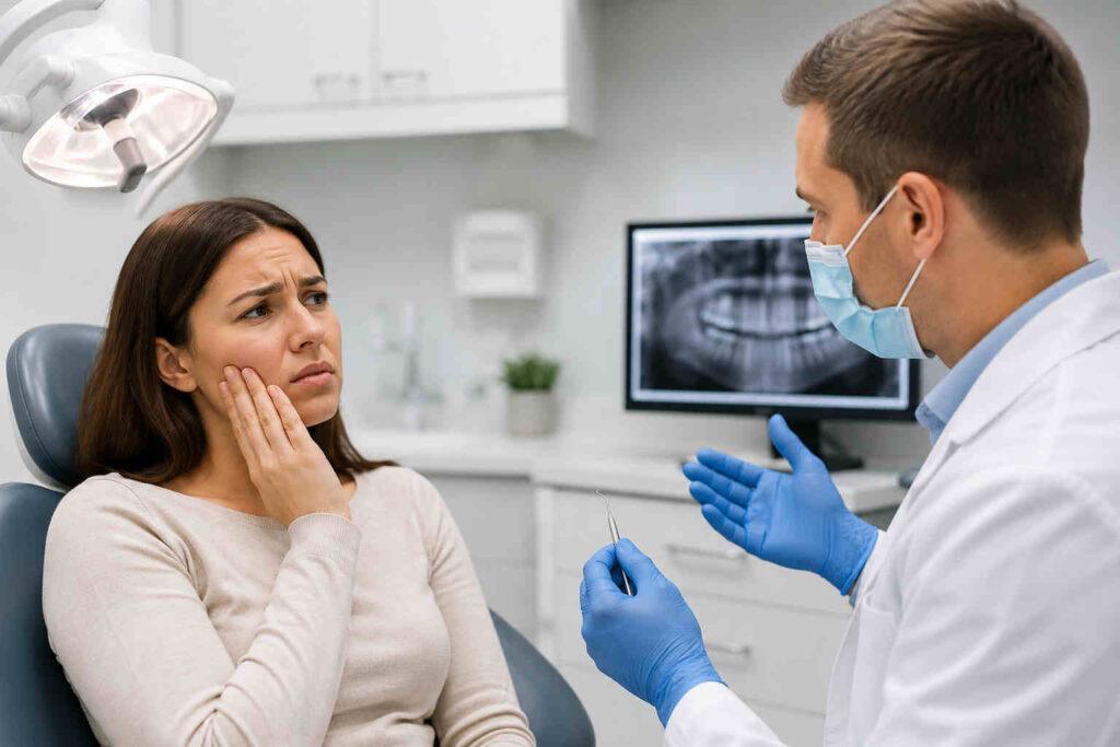 Patient with severe tooth pain consulting an emergency dentist in a modern dental office in Orem, Utah while reviewing dental X-rays.