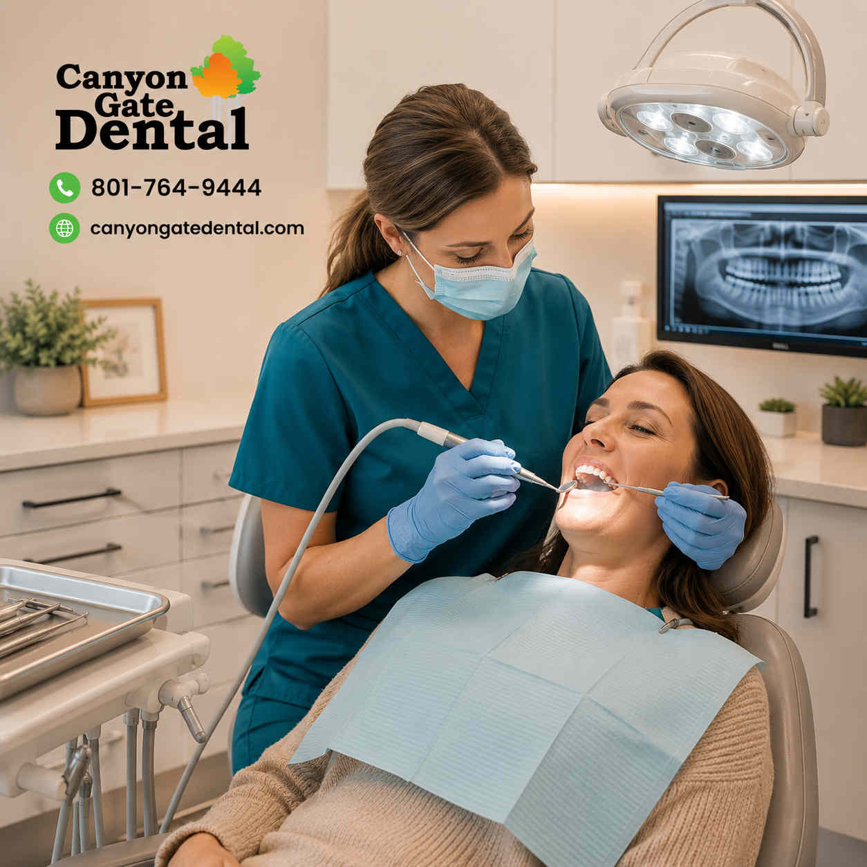 A dental hygienist at Canyon Gate Dental in Orem Utah performing a professional teeth cleaning as part of a preventive dental care visit