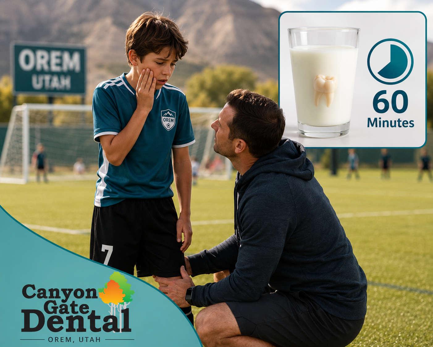 A youth soccer player in Orem Utah holding their cheek after a collision, illustrating the dental trauma situation covered by Canyon Gate Dental's 60-minute tooth-saving guide