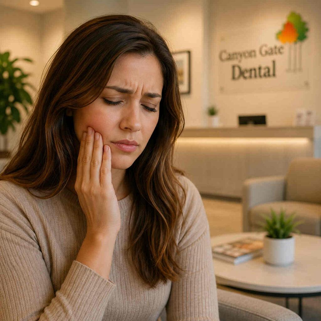 Severe Toothache? See an Orem Emergency Dentist 1 Woman holding her jaw in pain, checking signs of a dental emergency in Orem, UT