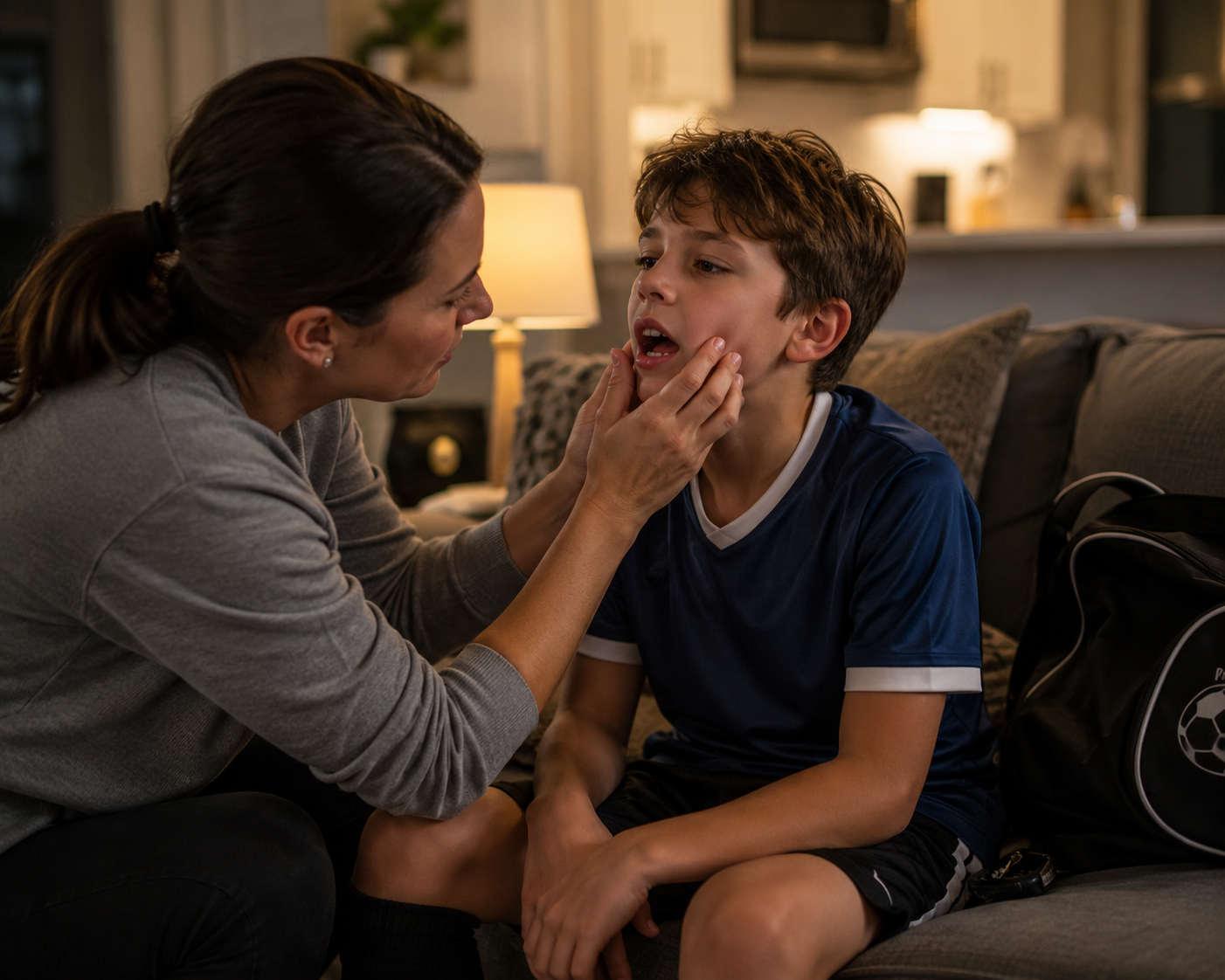 Parent checking child's tooth pain after sports injury, Orem Utah emergency dentist