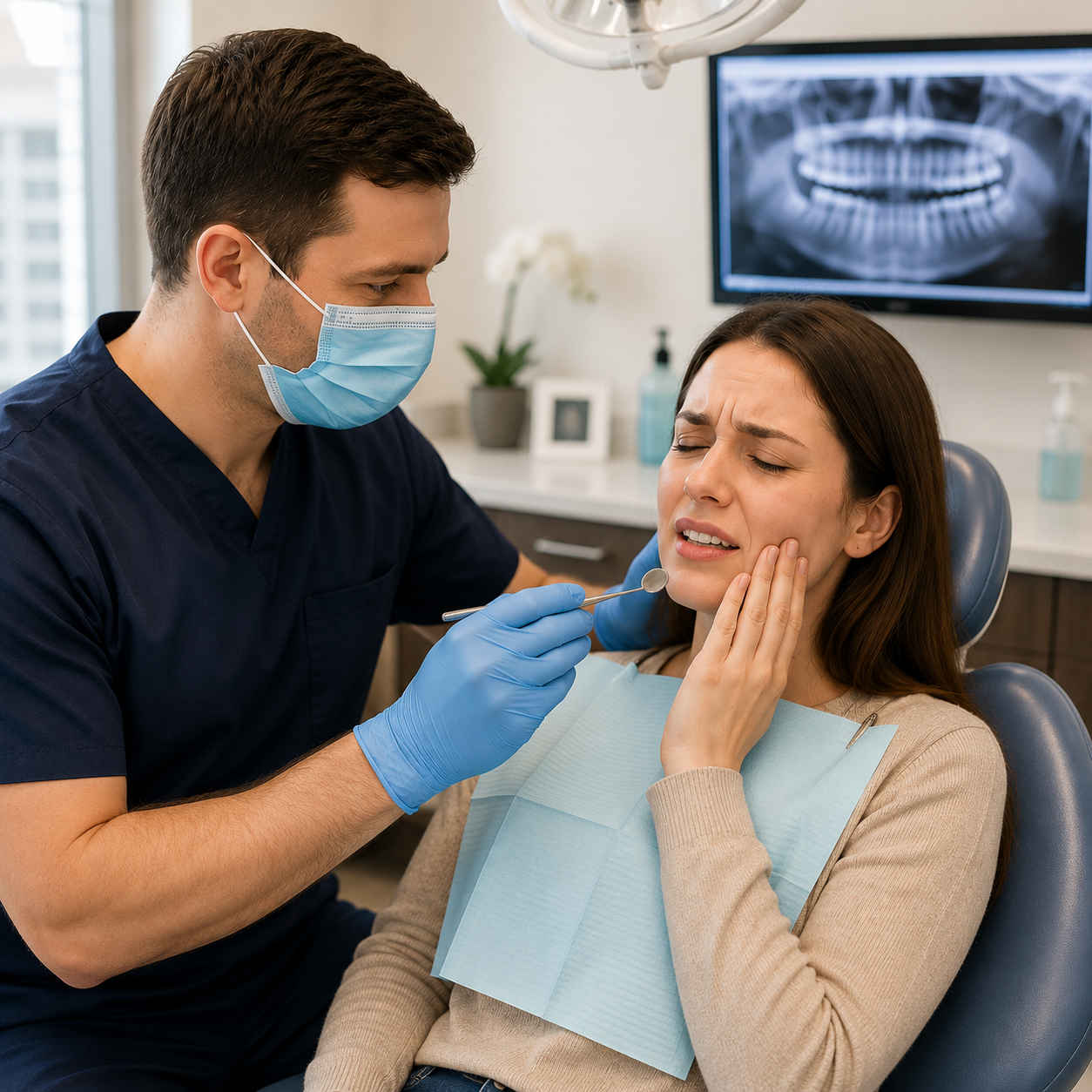 Dentist examining a patient experiencing severe tooth pain during an emergency dental appointment in Orem, Utah.