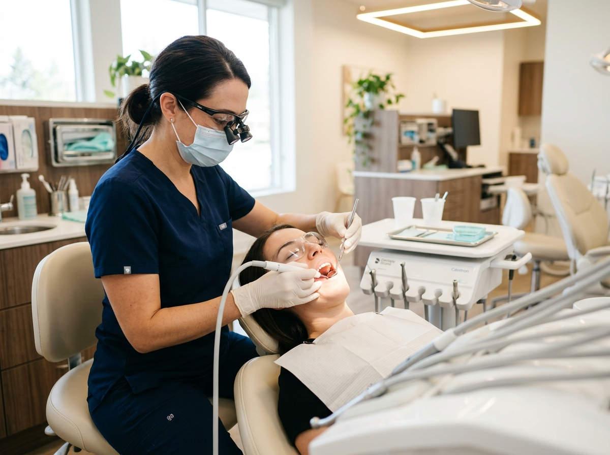 Dental hygienist cleaning a patient's teeth at Canyon Gate Dental in Orem, UT