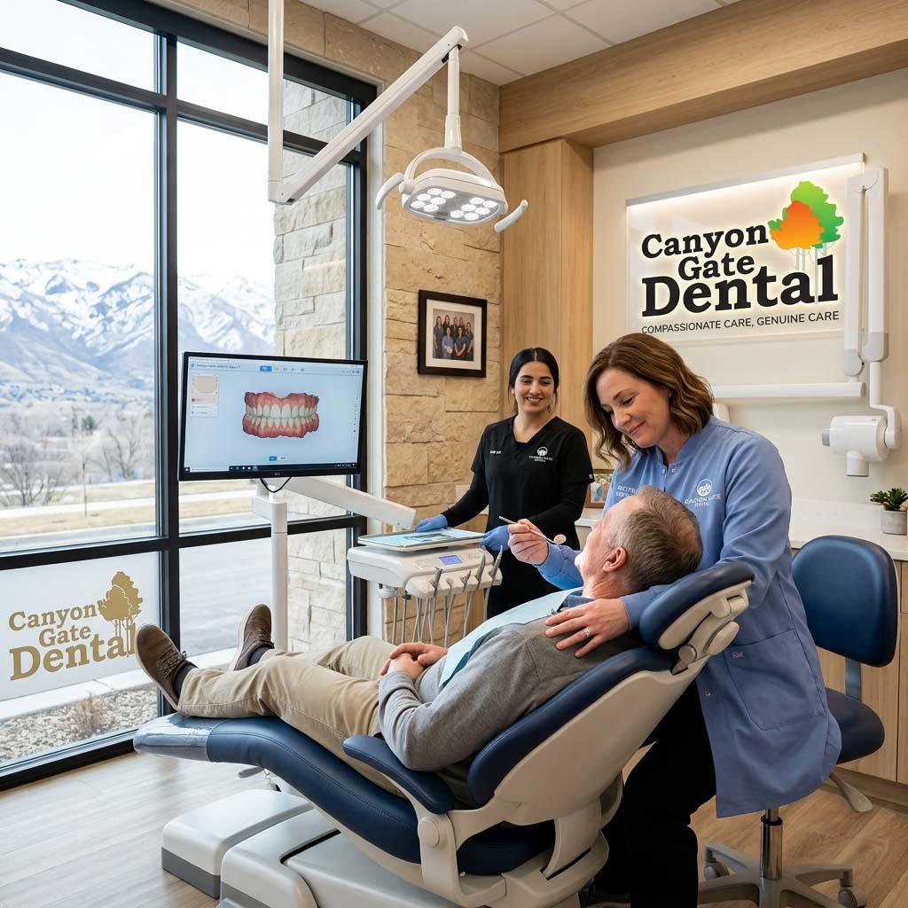Dentist reviewing an X-ray with a patient during an emergency dental visit near Lindon, Utah