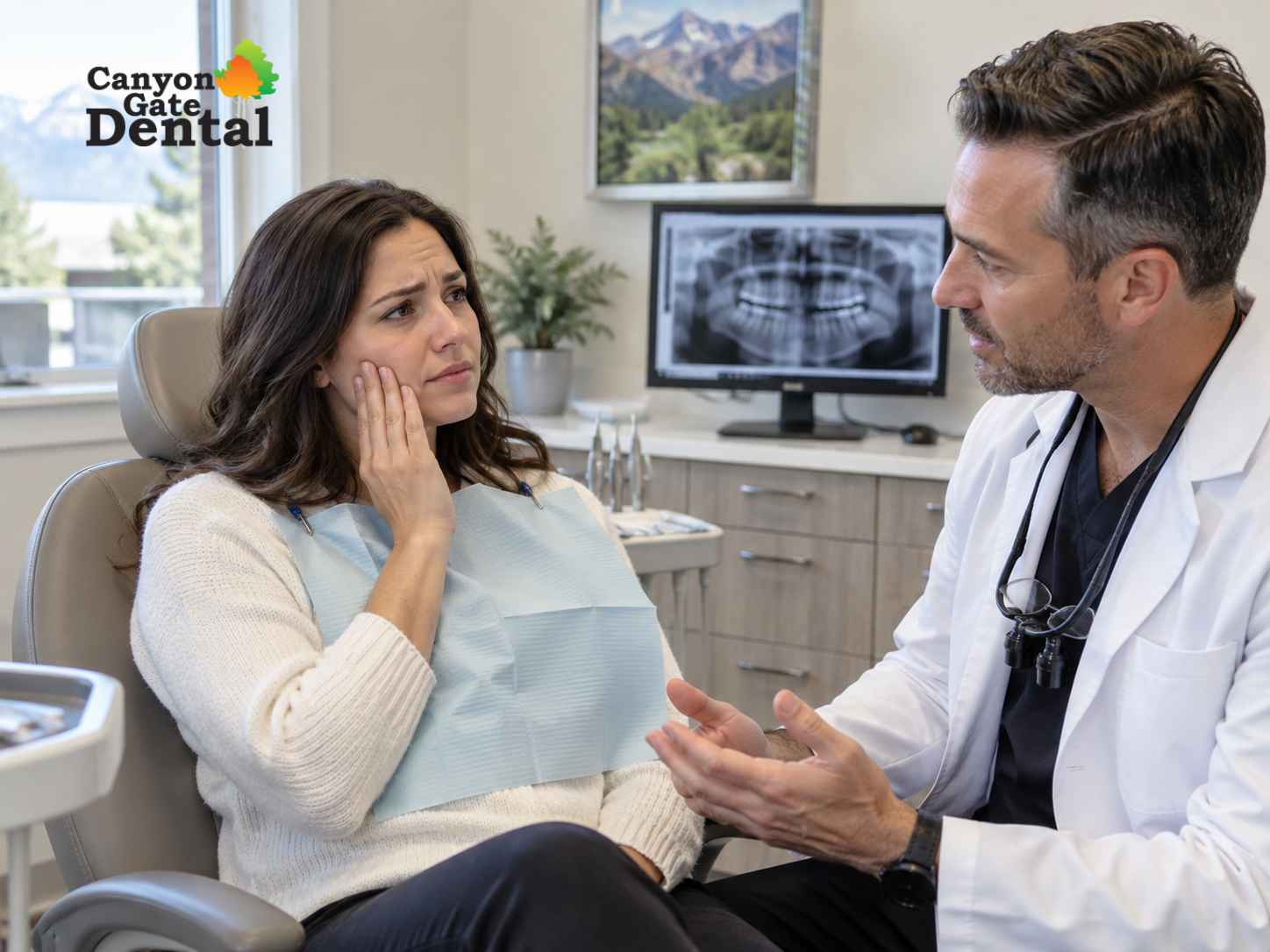 Emergency dentist in Orem discussing urgent tooth pain with a patient
