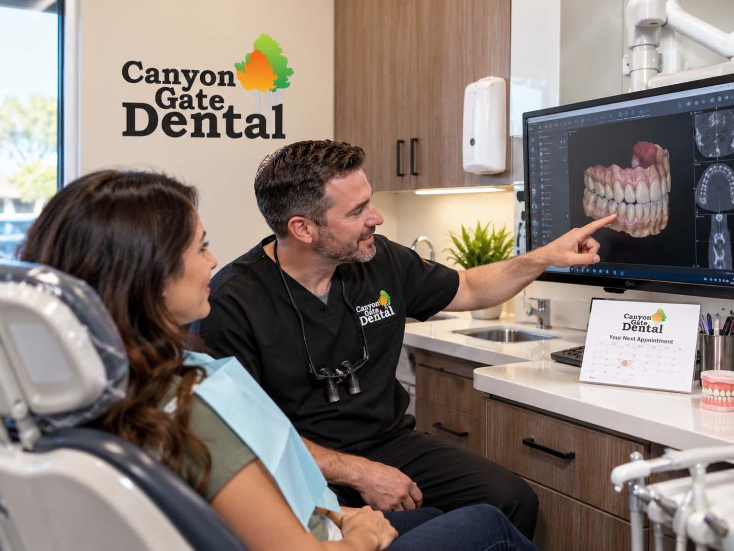 Dentist and adult patient reviewing a SureSmile aligner treatment timeline on a 3D scan in Orem, Utah
