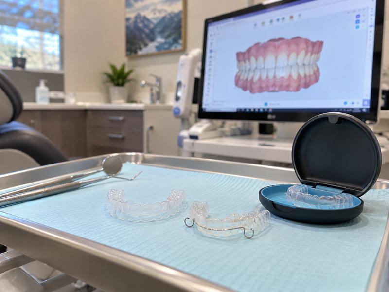 SureSmile aligners, aligner case, and retainer on a dental tray at an Orem, Utah dental office