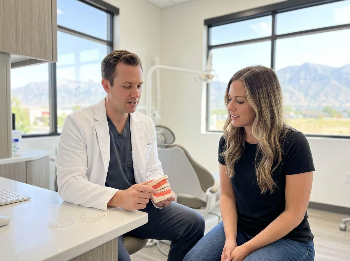 Dentist discussing SureSmile clear aligners with a patient in Orem