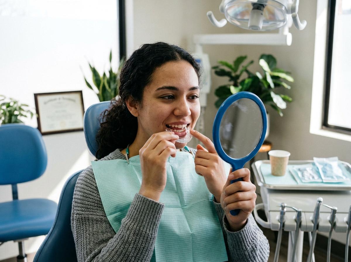 Adult holding an old retainer and looking at slightly crowded lower front teeth in a mirror, Orem, Utah dental office